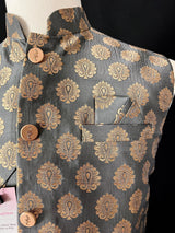 Gray men's Nehru/Modi jacket in soft banarasi silk with gold zari floral buttis — Kaash Collection