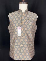 Gray men's Nehru/Modi jacket in soft banarasi silk with gold zari floral buttis — Kaash Collection