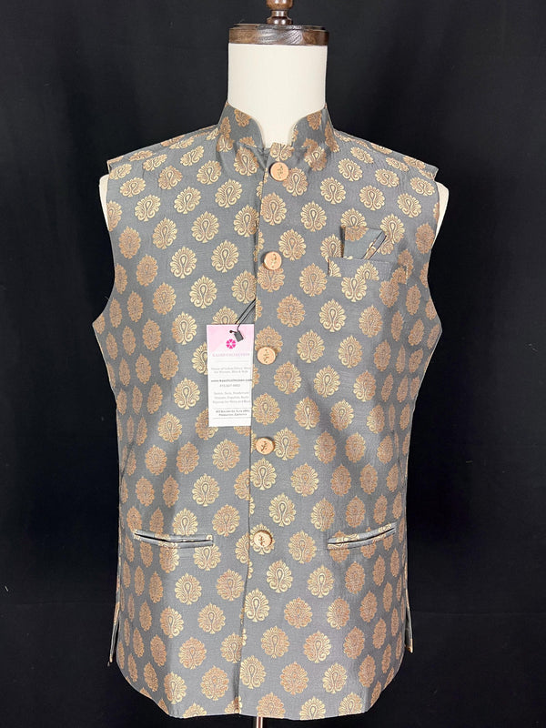 Designer Gray Color Modi Nehru Jacket For Men in Banarasi Silk | Waist Coat | Jacket for Kurta | Gift For Him | Indian Wedding Wear for Men - Kaash