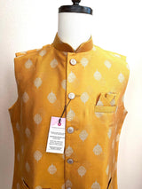 Mango Yellow men's Nehru/Modi jacket in soft silk with silver embossed leaf design — Kaash Collection