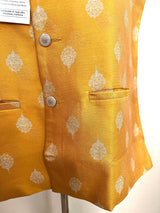 Mango Yellow men's Nehru/Modi jacket in soft silk with silver embossed leaf design — Kaash Collection