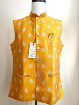 Mango Yellow men's Nehru/Modi jacket in soft silk with silver embossed leaf design — Kaash Collection