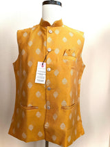 Mango Yellow men's Nehru/Modi jacket in soft silk with silver embossed leaf design — Kaash Collection