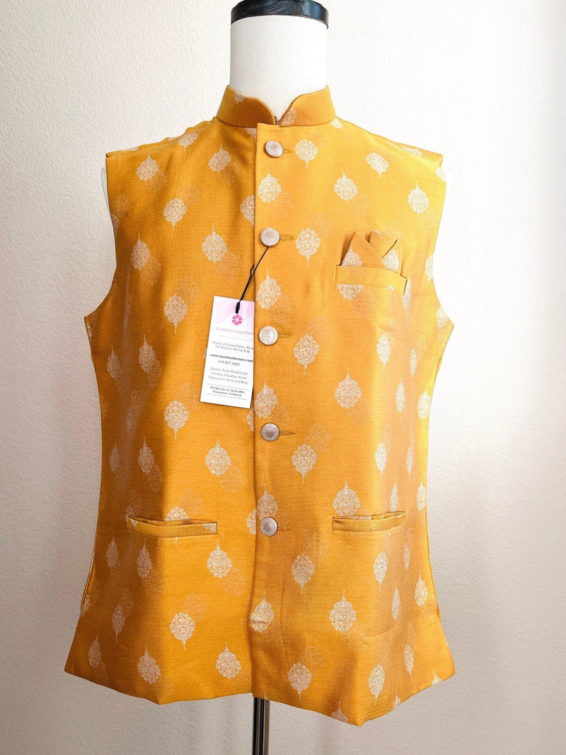 Mango Yellow men's Nehru/Modi jacket in soft silk with silver embossed leaf design — Kaash Collection
