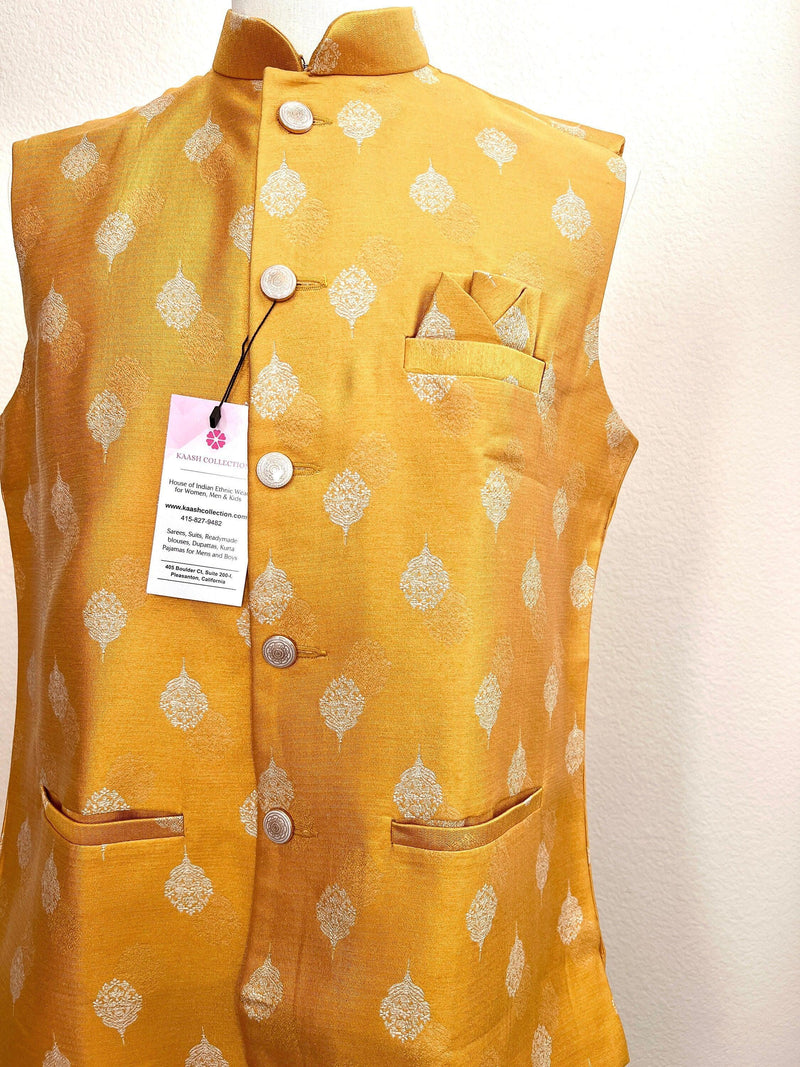 Designer Mango Yellow Modi Nehru Jacket For Men in Silk Waist