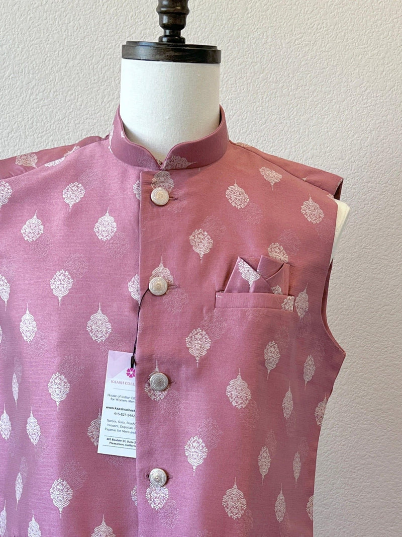 Mauve Pink men's Nehru/Modi jacket in silk (non-pure) with silver embossed leaf design — Kaash Collection