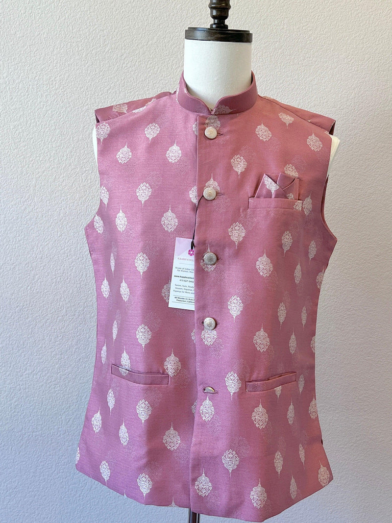 Designer Mauve Pink Color Modi Nehru Jacket For Men in Silk | Waist Coat | Jacket for Kurta | Gift For Him | Indian Wedding Wear for Men - Kaash