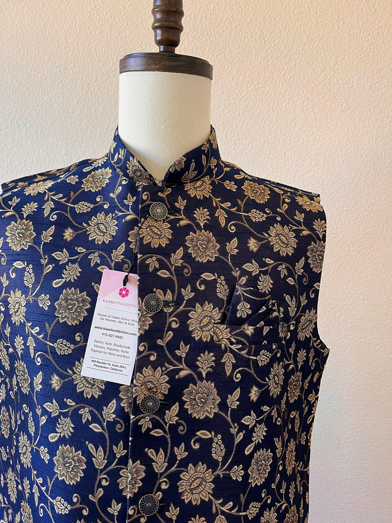 Designer Navy Blue Color Modi Nehru Jacket For Men in Soft Silk | Jackets for Kurtas | Gift For Him | Indian Wedding Party Wear Jackets - Kaash