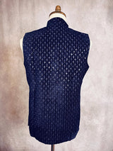 Royal Blue men's Nehru/Modi jacket in velvet with thread embroidery & sequin on velvet — Kaash Collection
