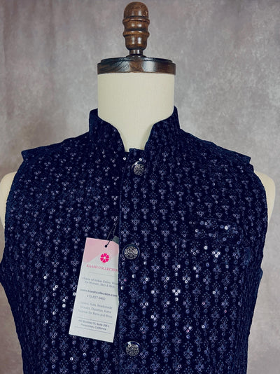 Royal Blue men's Nehru/Modi jacket in velvet with thread embroidery & sequin on velvet — Kaash Collection