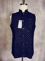 Royal Blue men's Nehru/Modi jacket in velvet with thread embroidery & sequin on velvet — Kaash Collection