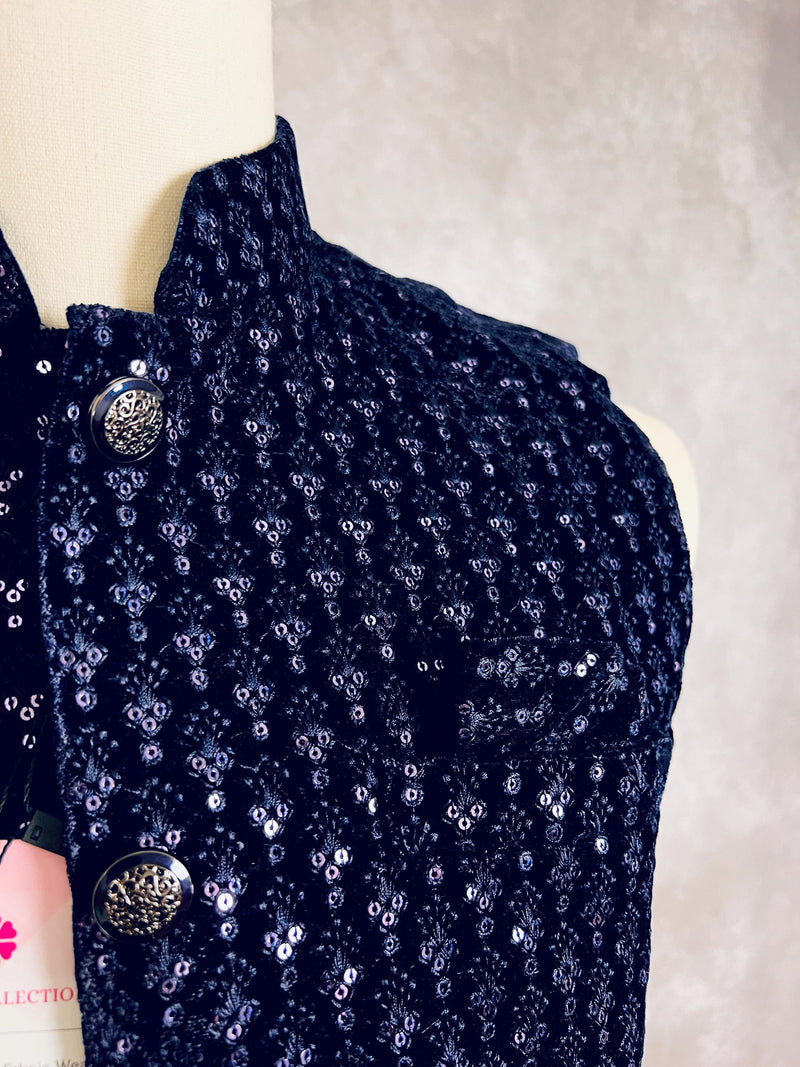 Designer Party Wear Velvet Blue Color Modi Jacket For Men | High Quality Premium Velvet Jacket Thread Embroidery Sequin Work - Kaash