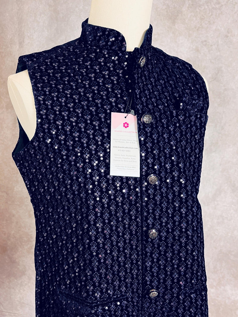 Designer Party Wear Velvet Blue Color Modi Jacket For Men | High Quality Premium Velvet Jacket Thread Embroidery Sequin Work - Kaash