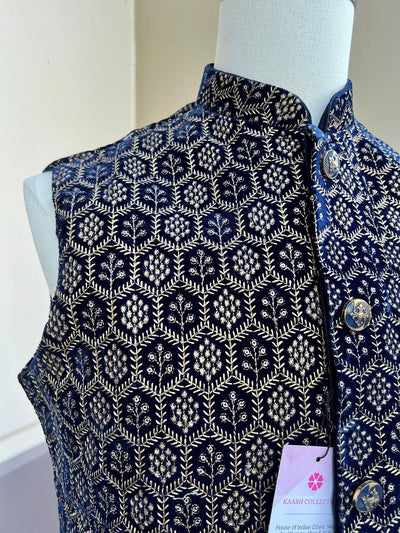 Royal Blue men's Nehru/Modi jacket in velvet with thread embroidery & sequin on velvet — Kaash Collection