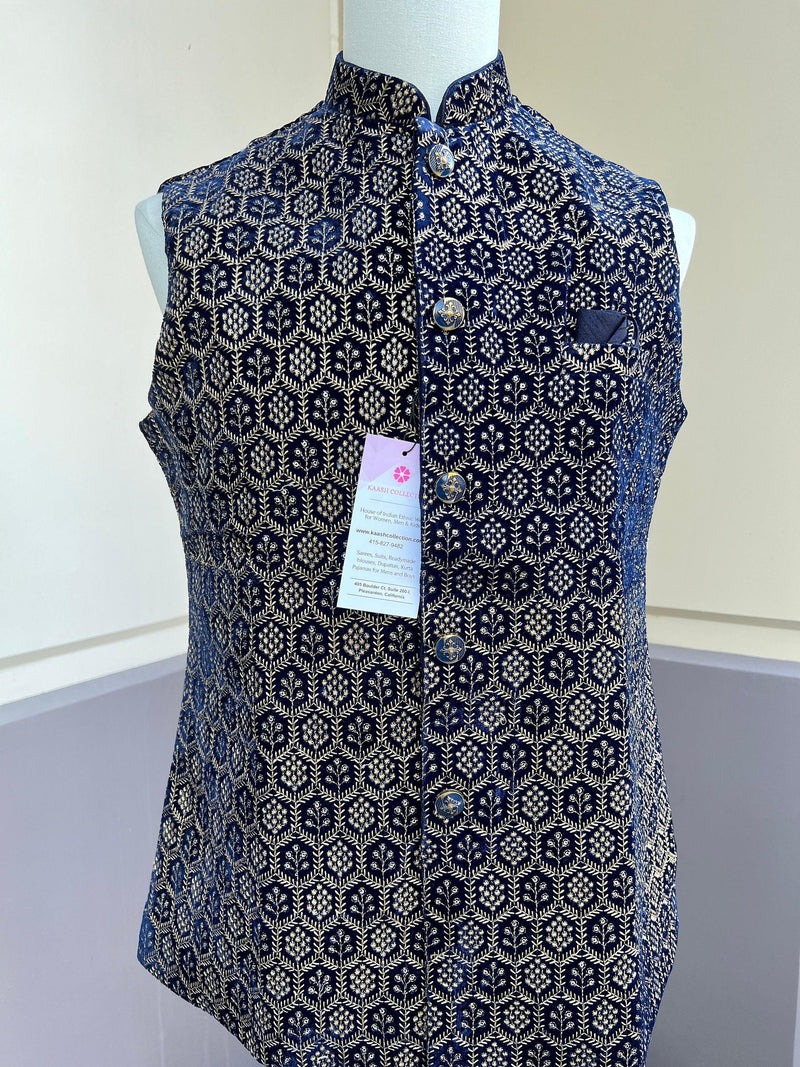 Designer Party Wear Velvet Royal Blue Color Modi Jacket For Men | High Quality Premium Velvet Jacket Thread Embroidery Sequin Work - Kaash
