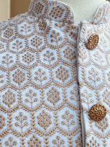 White men's Nehru/Modi jacket in velvet with gold thread embroidery & sequin on velvet — Kaash Collection