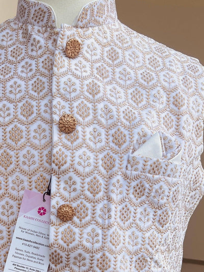 White men's Nehru/Modi jacket in velvet with gold thread embroidery & sequin on velvet — Kaash Collection