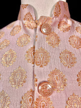 Pink men's Nehru/Modi jacket in soft banarasi silk with gold zari floral buttis — Kaash Collection