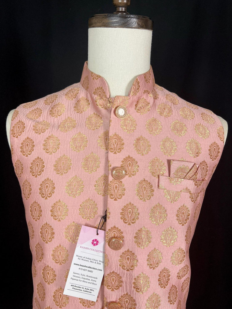 Pink men's Nehru/Modi jacket in soft banarasi silk with gold zari floral buttis — Kaash Collection