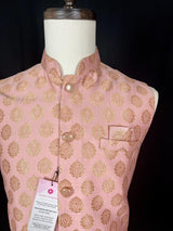Pink men's Nehru/Modi jacket in soft banarasi silk with gold zari floral buttis — Kaash Collection