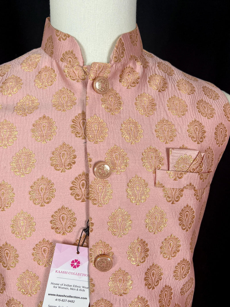 Designer Pink Color Modi Nehru Jacket For Men in Banarasi Silk | Waist Coat | Jacket for Kurta | Indian Wedding Wear for Men - Kaash