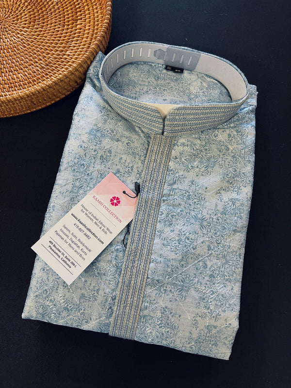 Designer Premium Grey Color Men Kurta Pajama Set for Men in Soft Raw Silk with Lining | Emberiodery and tiny Sequin Work | Kurta for Men - Kaash