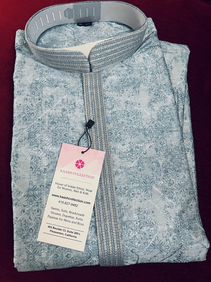 Designer Premium Grey Color Men Kurta Pajama Set for Men in Soft Raw Silk with Lining | Emberiodery and tiny Sequin Work | Kurta for Men - Kaash