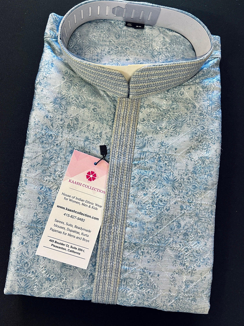 Designer Premium Grey Color Men Kurta Pajama Set for Men in Soft Raw Silk with Lining | Emberiodery and tiny Sequin Work | Kurta for Men - Kaash