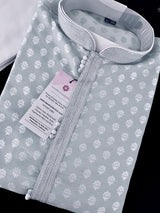 Silver Grey men's kurta pajama in soft silk (non-pure) with silver buttis on soft silk — Kaash Collection
