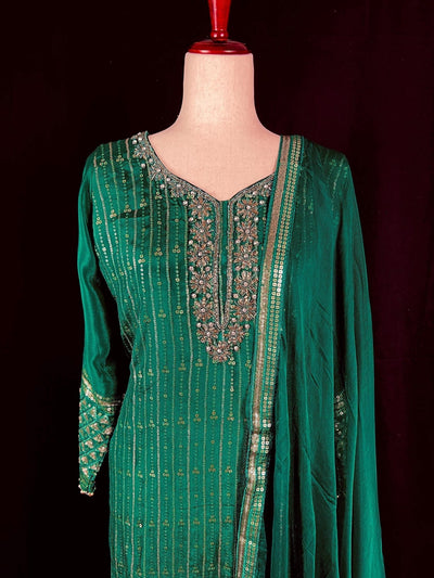 Bottle Green Designer 3pcs 3-piece (kameez, pants, dupatta) with pearls, beads, sequin & thread handwork — Kaash Collection
