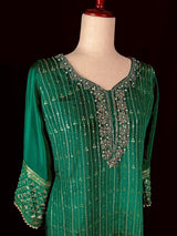 Designer Readymade Kameez with Pants in Bottle Green Color - Kaash