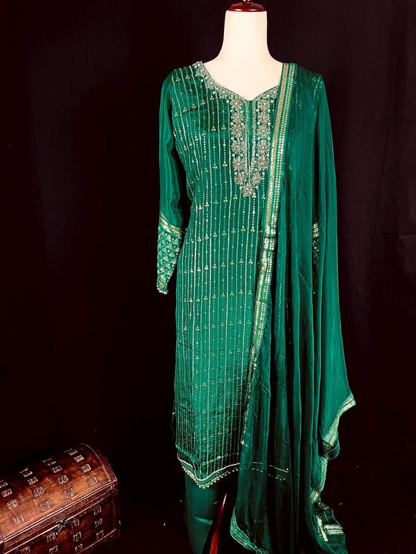 Designer Readymade Kameez with Pants in Bottle Green Color - Kaash