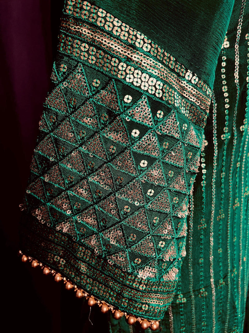 Designer Readymade Kameez with Pants in Bottle Green Color - Kaash