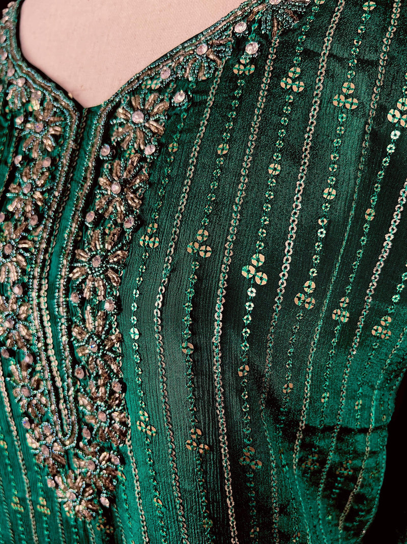 Designer Readymade Kameez with Pants in Bottle Green Color - Kaash