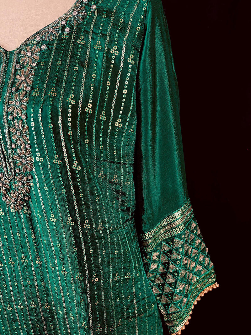 Designer Readymade Kameez with Pants in Bottle Green Color - Kaash