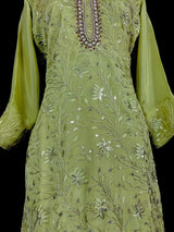 Designer Readymade Kameez with Pants in Green Color - 3pcs Women Suit with Handwork - Kaash