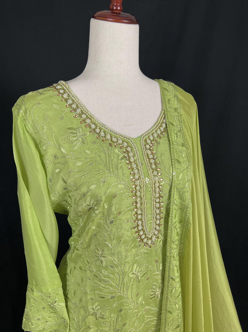 Designer Readymade Kameez with Pants in Green Color - 3pcs Women Suit with Handwork - Kaash