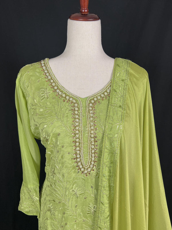 Designer Readymade Kameez with Pants in Green Color - 3pcs Women Suit with Handwork - Kaash