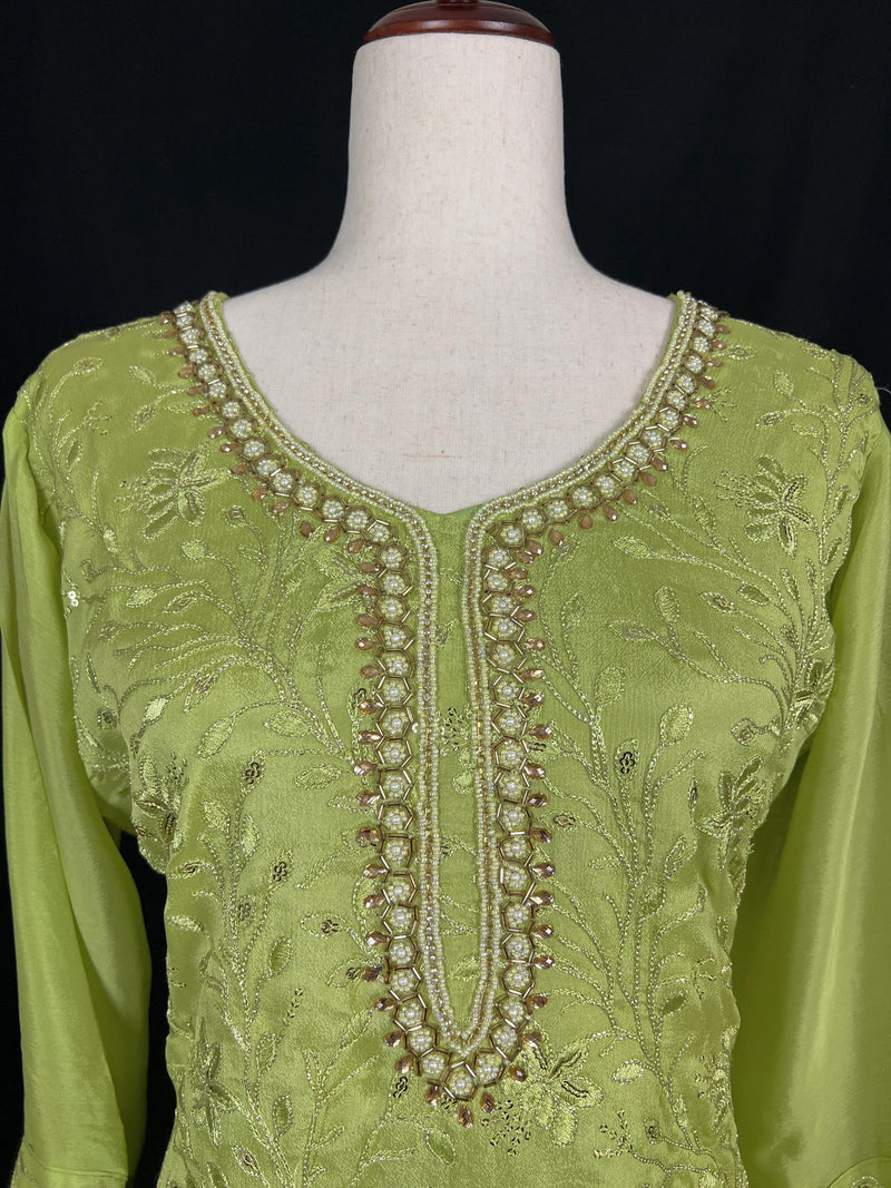 Designer Readymade Kameez with Pants in Green Color - 3pcs Women Suit with Handwork - Kaash