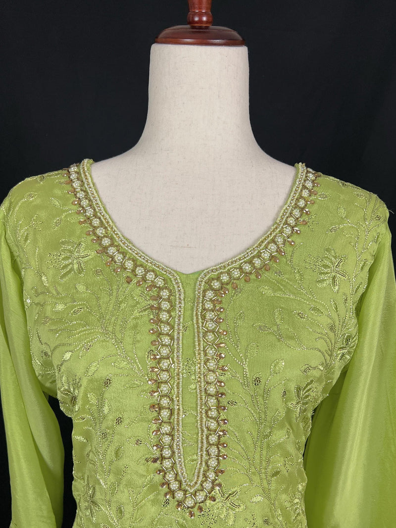 Designer Readymade Kameez with Pants in Green Color - 3pcs Women Suit with Handwork - Kaash