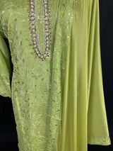 Designer Readymade Kameez with Pants in Green Color - 3pcs Women Suit with Handwork - Kaash