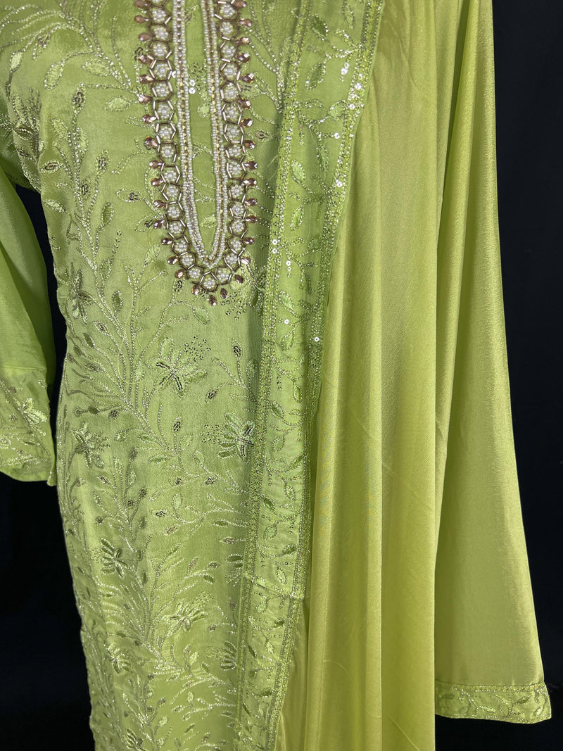Designer Readymade Kameez with Pants in Green Color - 3pcs Women Suit with Handwork - Kaash