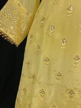 Designer Readymade Salwar Kameez in Yellow Color - 3pcs Women Salwar Kameez Set with Handwork in Pure Chinnon Silk - Kaash