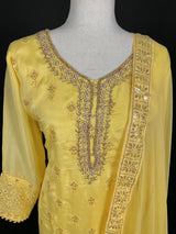 Designer Readymade Salwar Kameez in Yellow Color - 3pcs Women Salwar Kameez Set with Handwork in Pure Chinnon Silk - Kaash