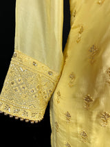 Designer Readymade Salwar Kameez in Yellow Color - 3pcs Women Salwar Kameez Set with Handwork in Pure Chinnon Silk - Kaash