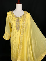 Designer Readymade Salwar Kameez in Yellow Color - 3pcs Women Salwar Kameez Set with Handwork in Pure Chinnon Silk - Kaash