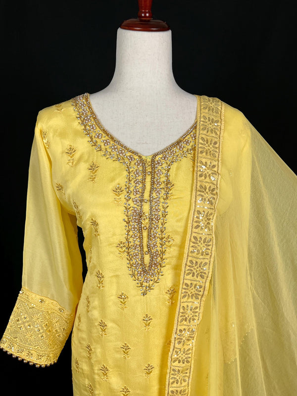 Designer Readymade Salwar Kameez in Yellow Color - 3pcs Women Salwar Kameez Set with Handwork in Pure Chinnon Silk - Kaash