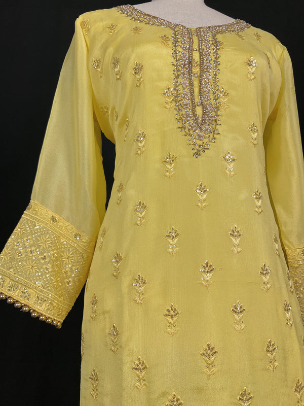 Designer Readymade Salwar Kameez in Yellow Color - 3pcs Women Salwar Kameez Set with Handwork in Pure Chinnon Silk - Kaash