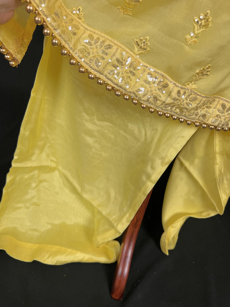 Designer Readymade Salwar Kameez in Yellow Color - 3pcs Women Salwar Kameez Set with Handwork in Pure Chinnon Silk - Kaash