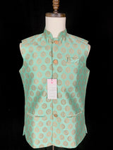 Sea Green men's Nehru/Modi jacket in soft banarasi silk with gold zari floral buttis — Kaash Collection